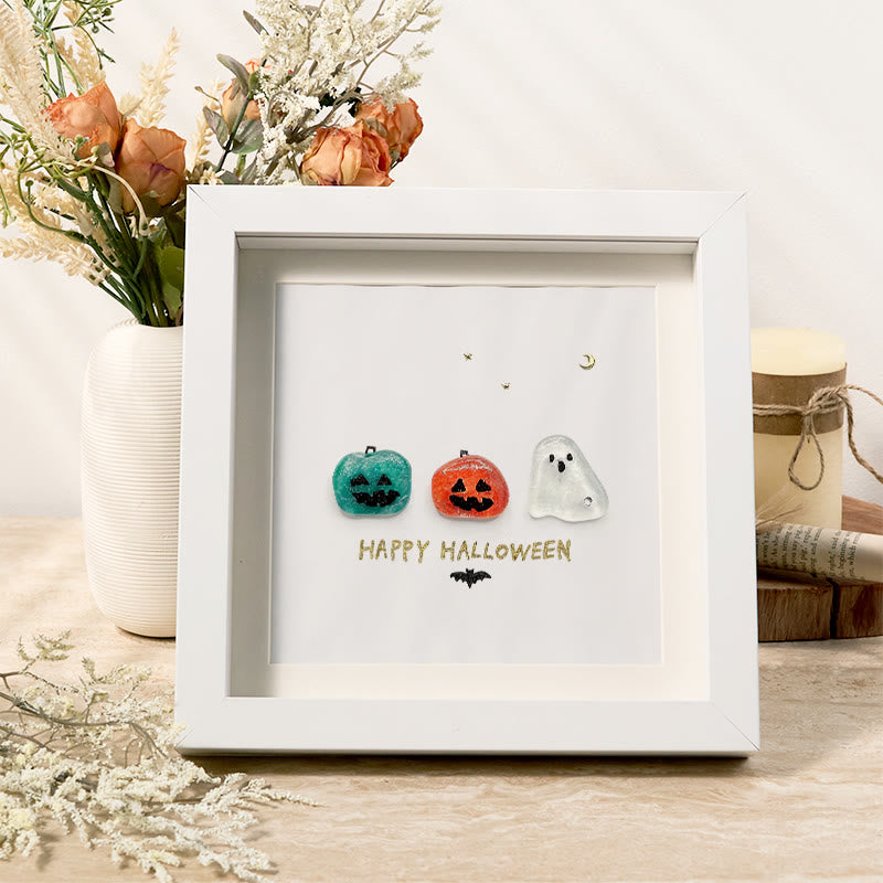 Halloween Jack O lantern And Ghost House Sea Glass Framed Art - White - 8" X 8" - image 4