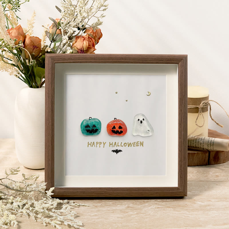 Halloween Jack O lantern And Ghost House Sea Glass Framed Art - Walnut Brown - 8" X 8" - image 6