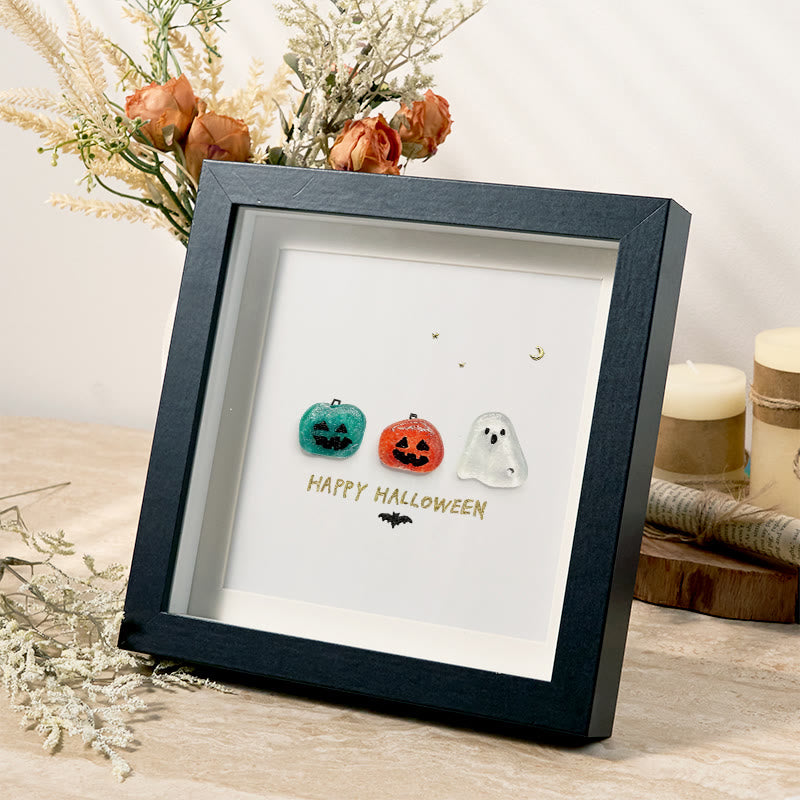 Halloween Jack O lantern And Ghost House Sea Glass Framed Art - image 1