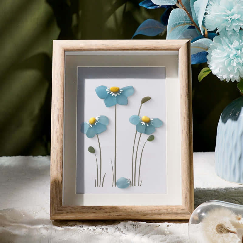 Blue Blossoming Flower Sea Glass Framed Art - Oak - 8" X 6" - image 4