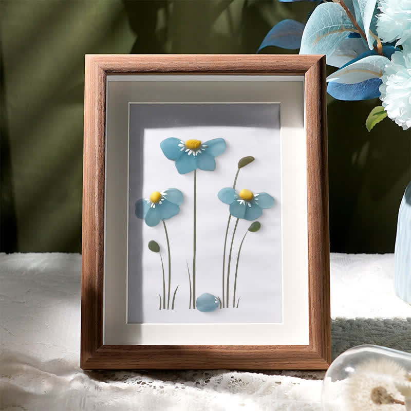 Blue Blossoming Flower Sea Glass Framed Art - Walnut Brown - 8" X 6" - image 0