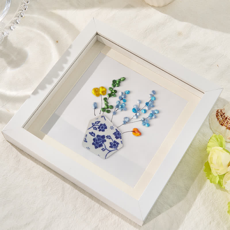 Colored Floral In Blue And White Vase Sea Glass Framed Art - image 1