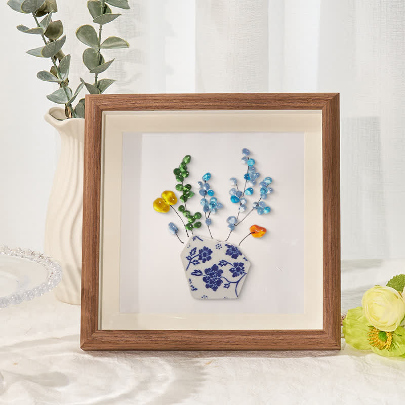 Colored Floral In Blue And White Vase Sea Glass Framed Art - Walnut Brown - 8" X 8" - image 5