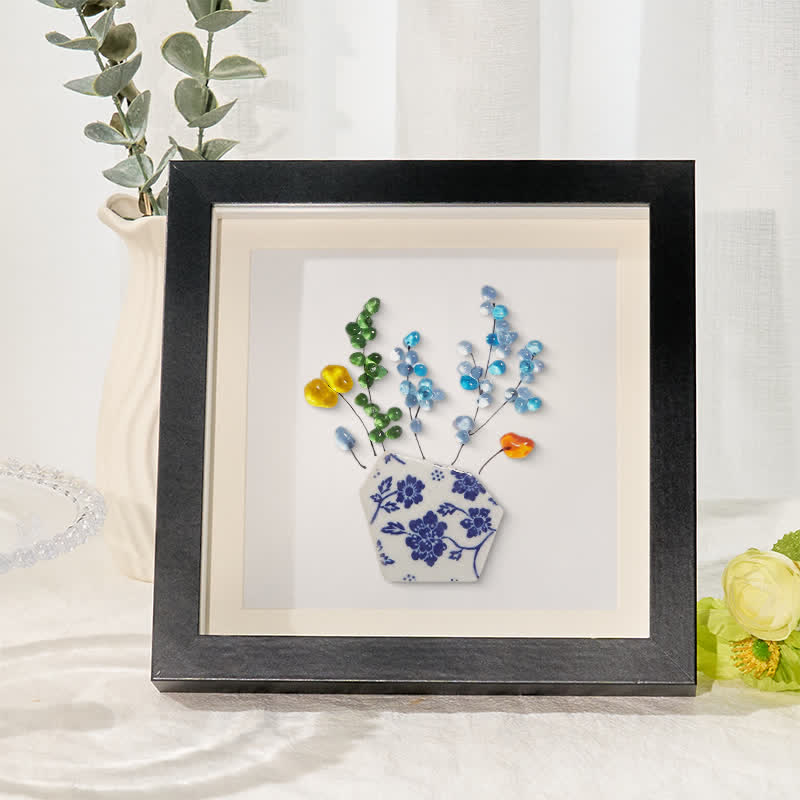 Colored Floral In Blue And White Vase Sea Glass Framed Art - Black - 8" X 8" - image 3