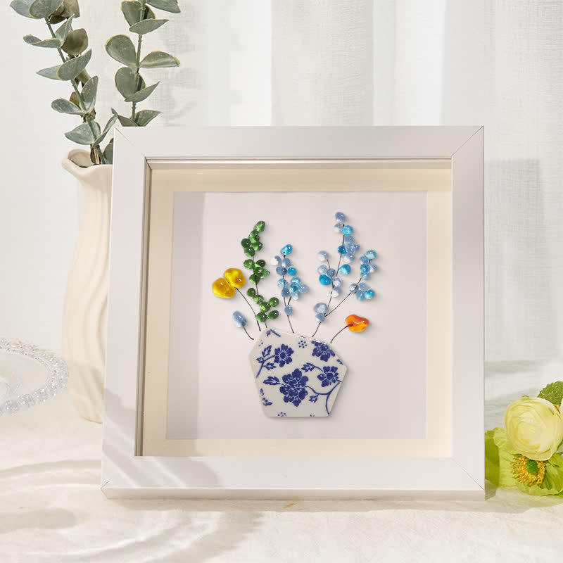 Colored Floral In Blue And White Vase Sea Glass Framed Art - White - 8" X 8" - image 0