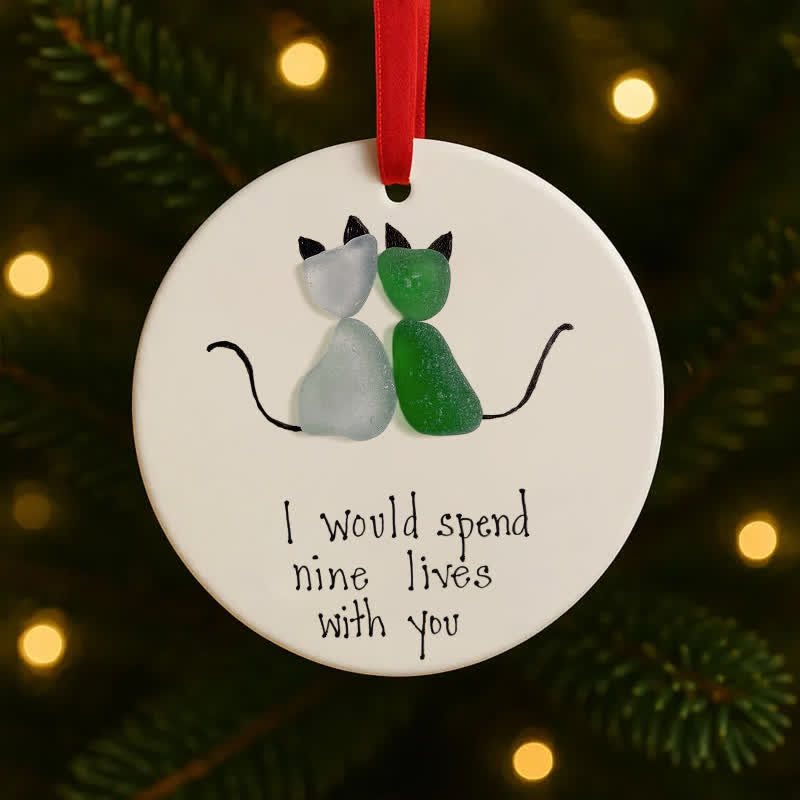 Cat Couple Round-Shaped Sea Glass Hanging Ornament - image 3