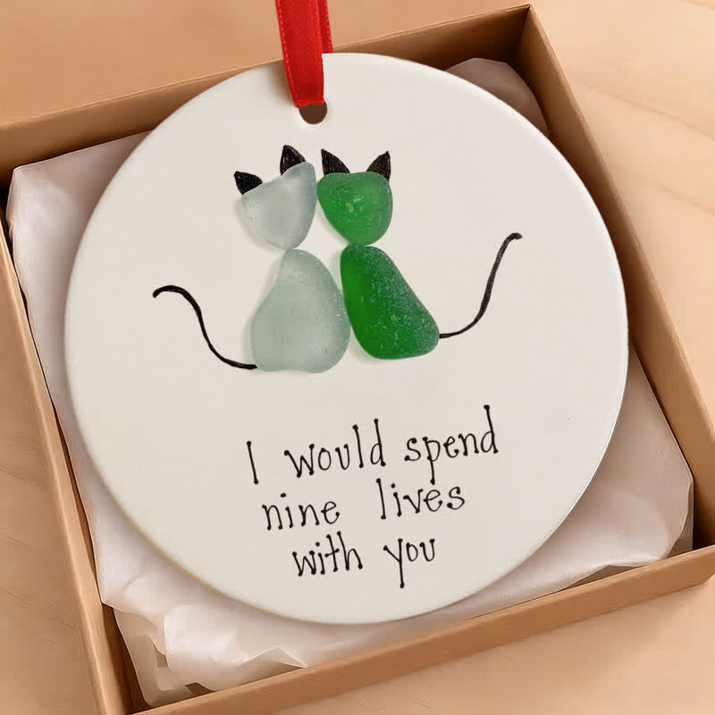 Cat Couple Round-Shaped Sea Glass Hanging Ornament - image 1