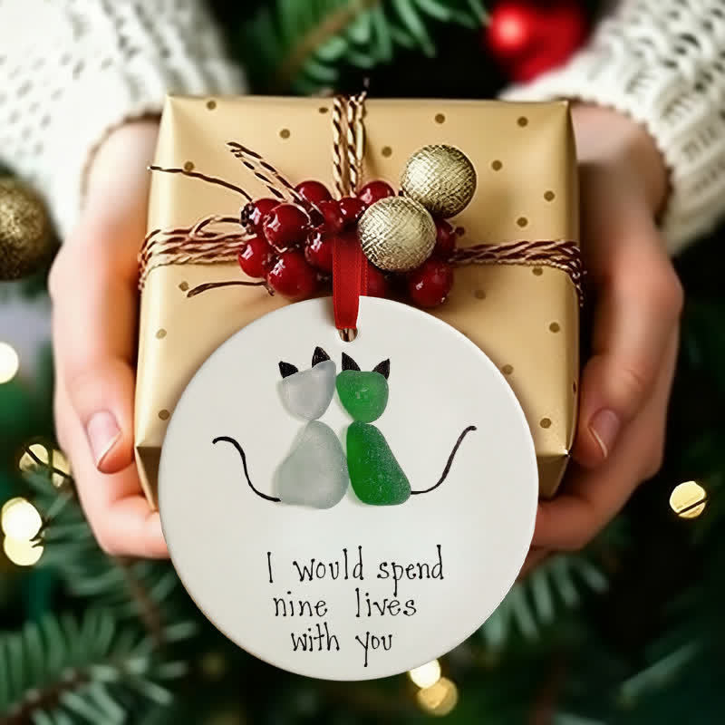 Cat Couple Round-Shaped Sea Glass Hanging Ornament - image 2