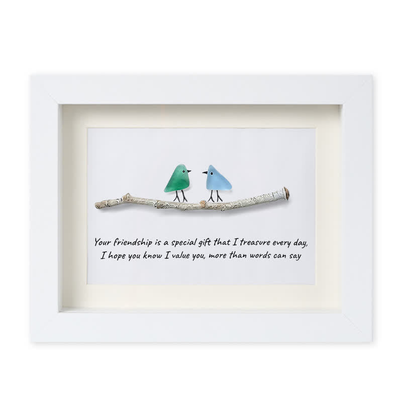 Handmade Friendship Quote With Birds Sea Glass Framed Art - White - 6" X 8" - image 10