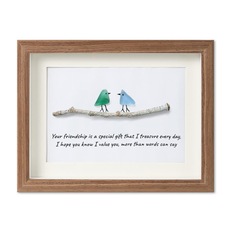 Handmade Friendship Quote With Birds Sea Glass Framed Art - Walnut Brown - 6" X 8" - image 8