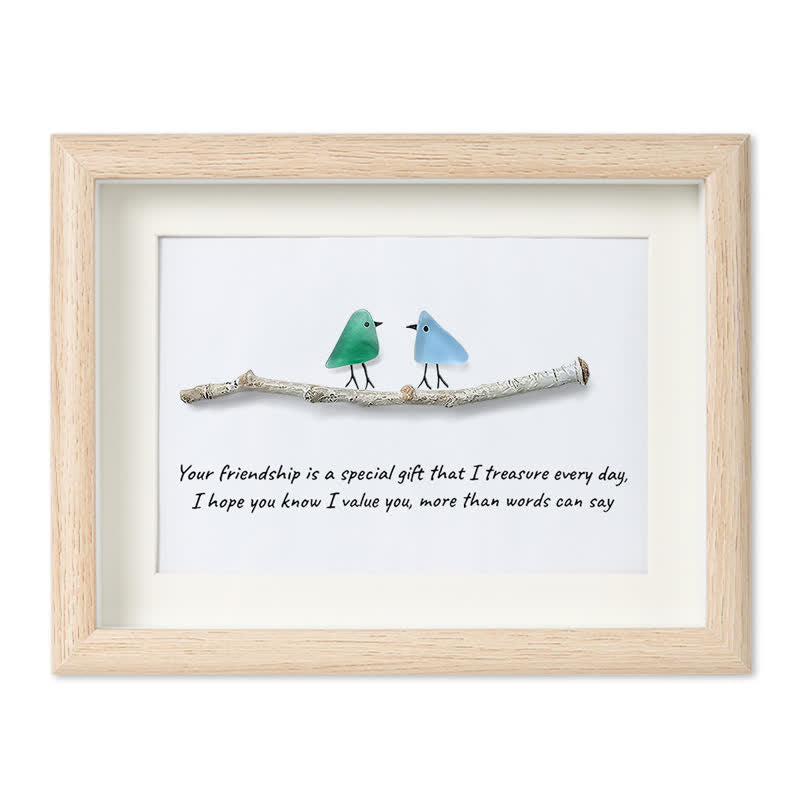 Handmade Friendship Quote With Birds Sea Glass Framed Art - Oak - 6" X 8" - image 7