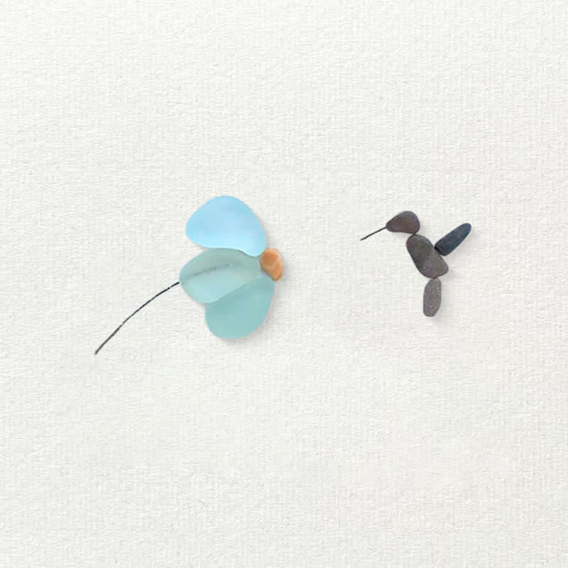 Mini Hummingbird And Flower Sea Glass Framed Art - Seaglass Card - 6" X 8" - image 1