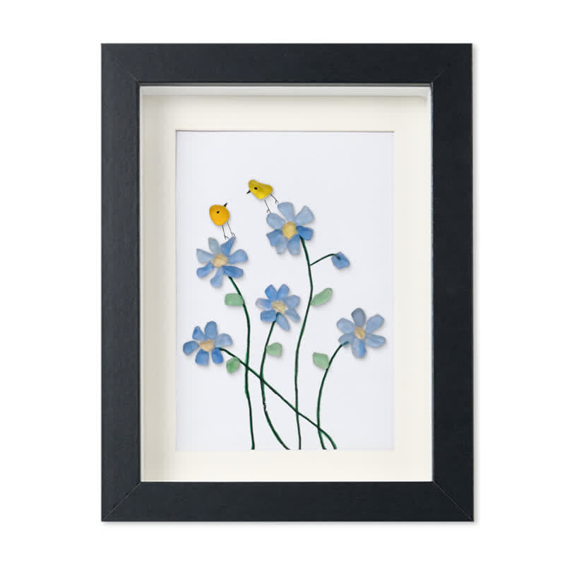 Forget Me Not Flower And Birds Sea Glass Framed Art - Black - 8" X 6" - image 11