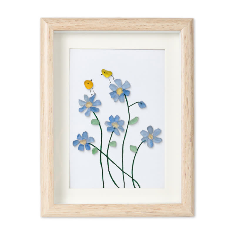 Forget Me Not Flower And Birds Sea Glass Framed Art - Oak - 8" X 6" - image 9