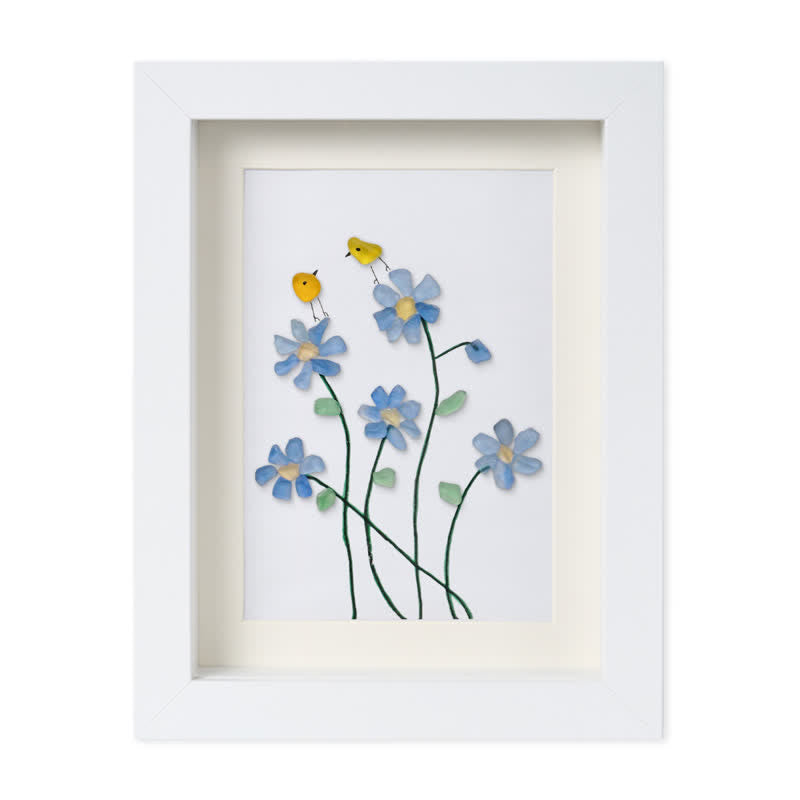 Forget Me Not Flower And Birds Sea Glass Framed Art - White - 8" X 6" - image 12