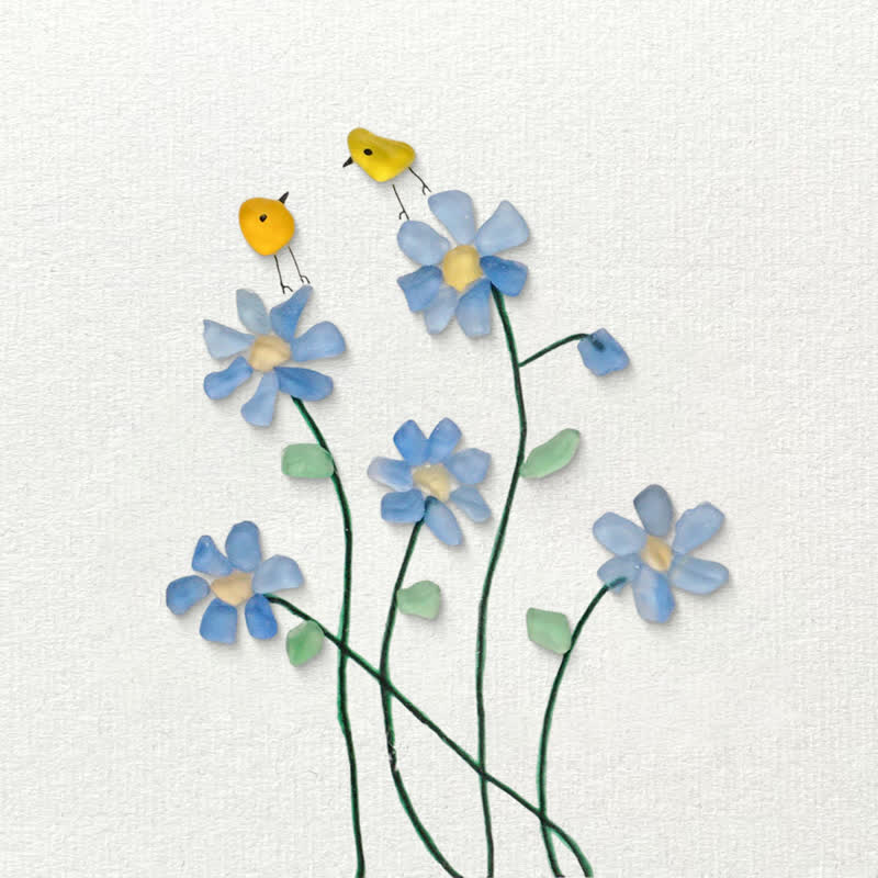Forget Me Not Flower And Birds Sea Glass Framed Art - image 2
