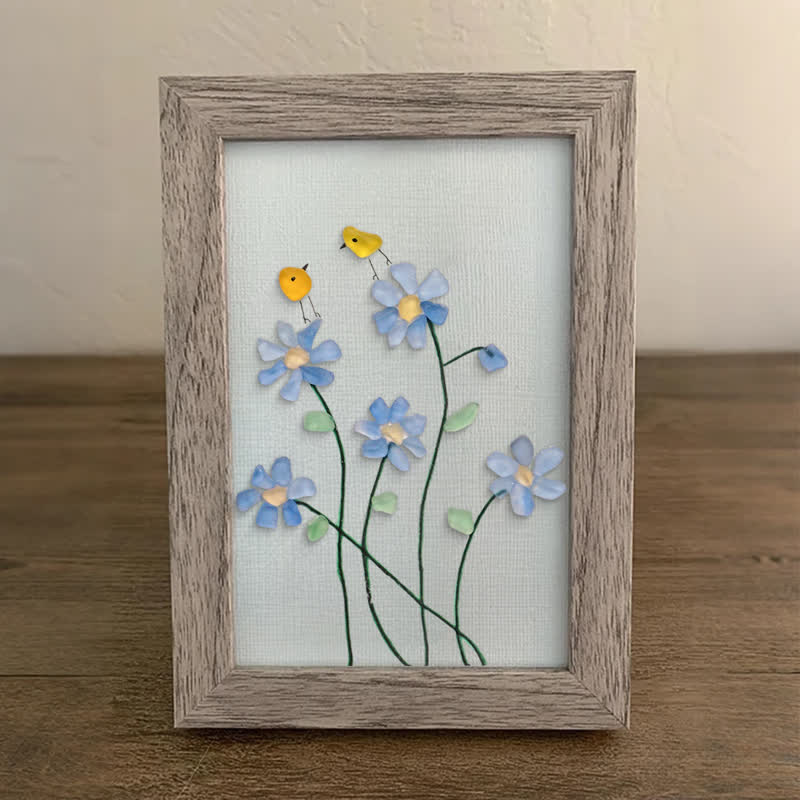 Forget Me Not Flower And Birds Sea Glass Framed Art - image 5