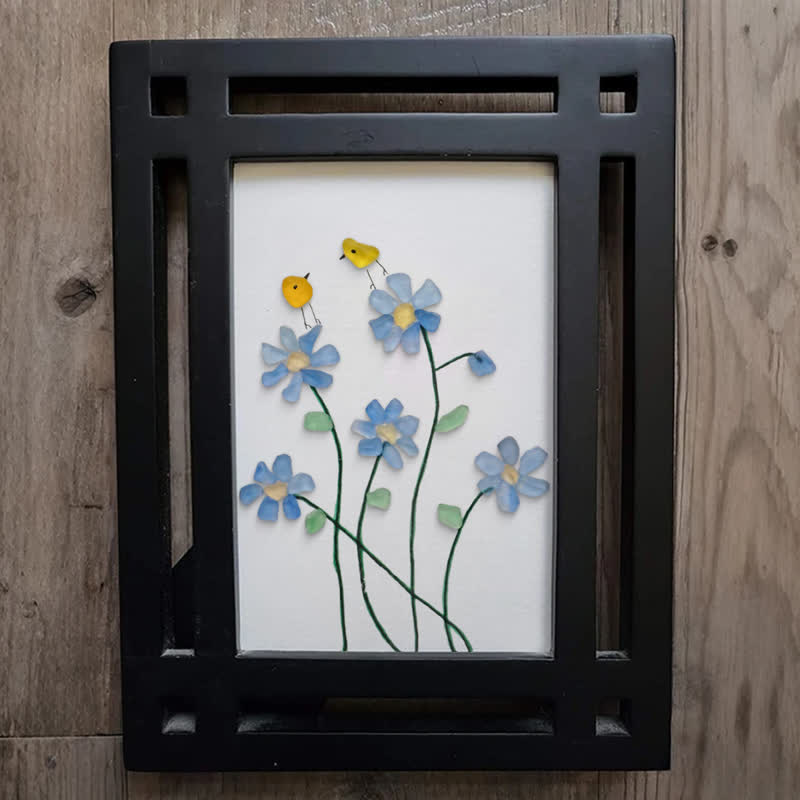 Forget Me Not Flower And Birds Sea Glass Framed Art - image 4