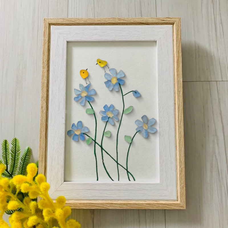 Forget Me Not Flower And Birds Sea Glass Framed Art - image 6