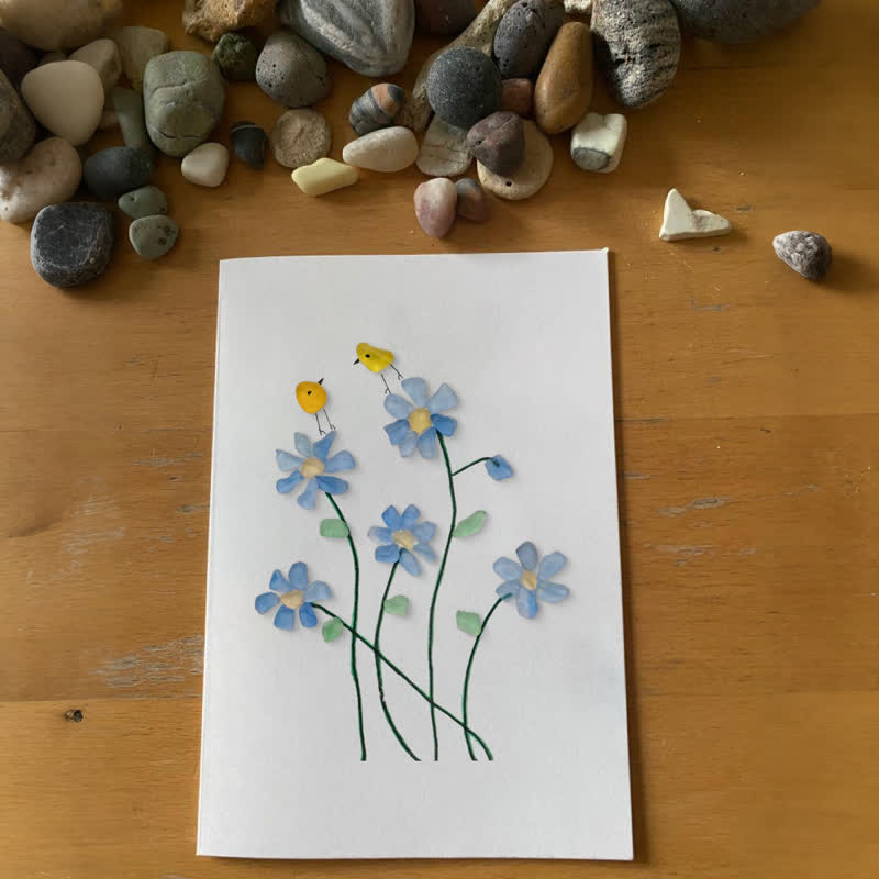 Forget Me Not Flower And Birds Sea Glass Framed Art - Seaglass Card - 8" X 6" - image 1