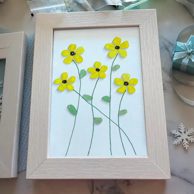 Handcrafted Yellow Flower Sea Glass Framed Art - image 4