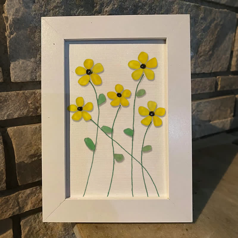 Handcrafted Yellow Flower Sea Glass Framed Art - image 0
