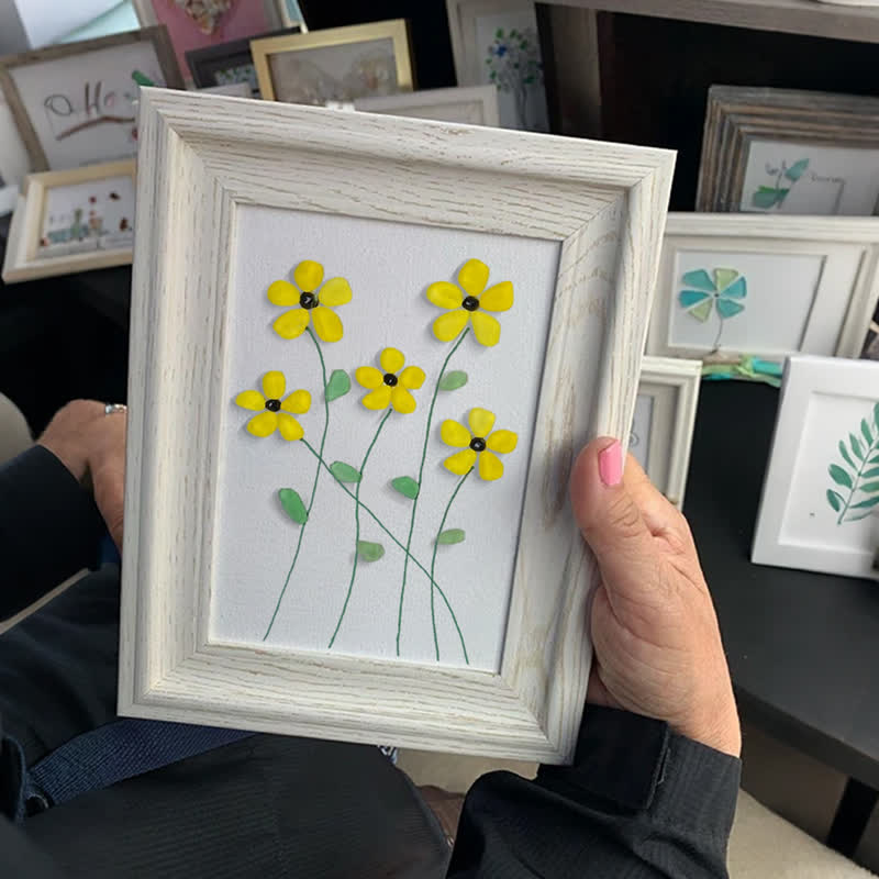 Handcrafted Yellow Flower Sea Glass Framed Art - image 2