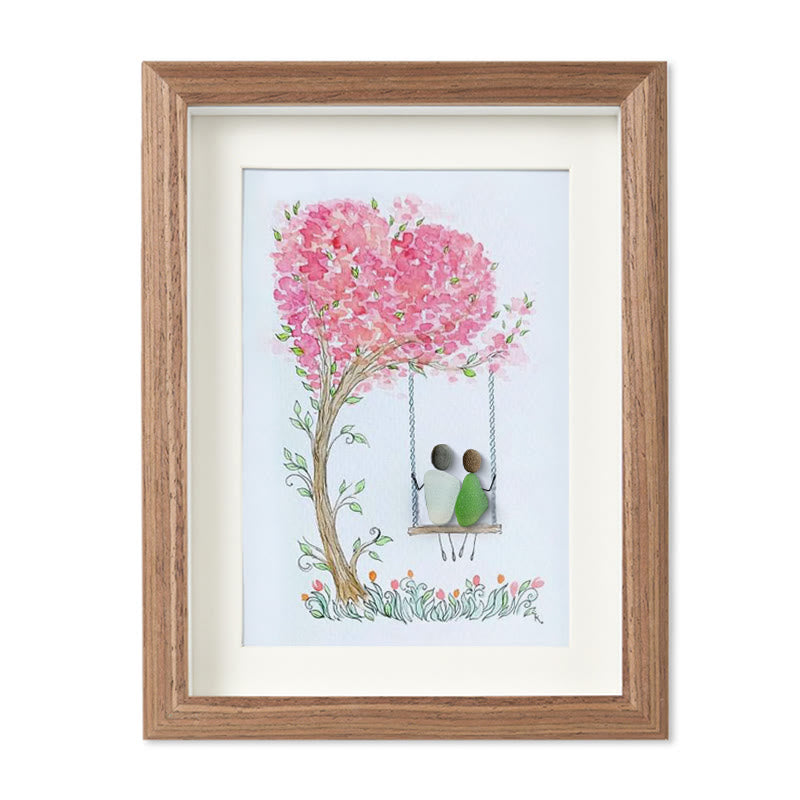 Couple On Swing Under A Love Tree Sea Glass Framed Art - Walnut Brown - 8" X 6" - image 10