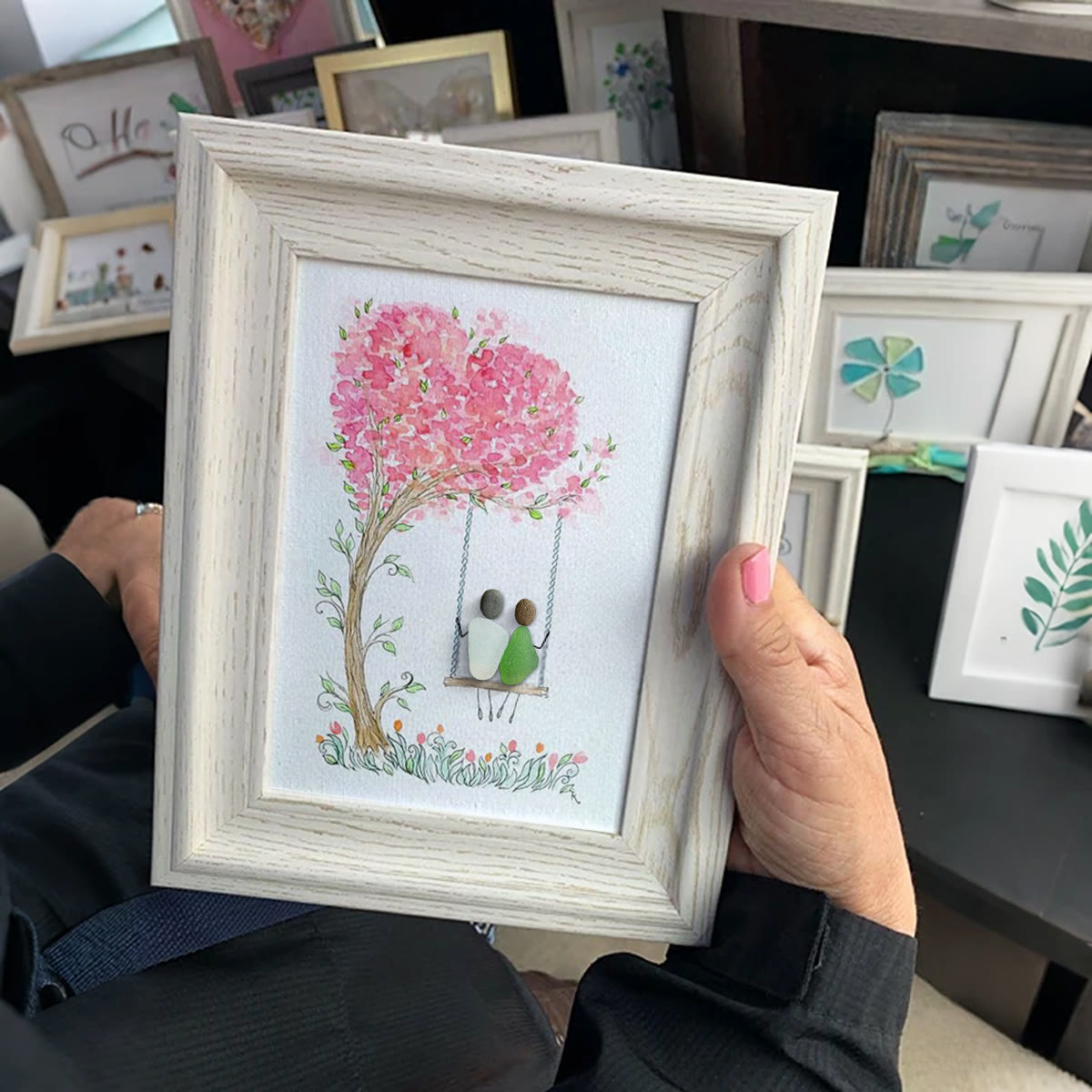 Couple On Swing Under A Love Tree Sea Glass Framed Art - image 2
