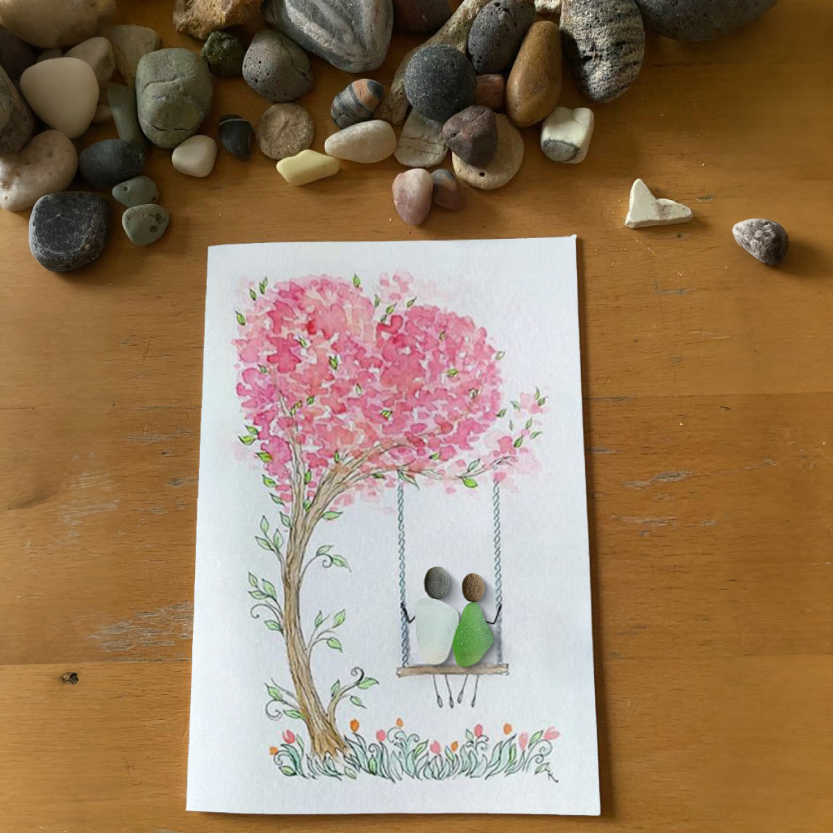 Couple On Swing Under A Love Tree Sea Glass Framed Art - Seaglass Card - 8" X 6" - image 1