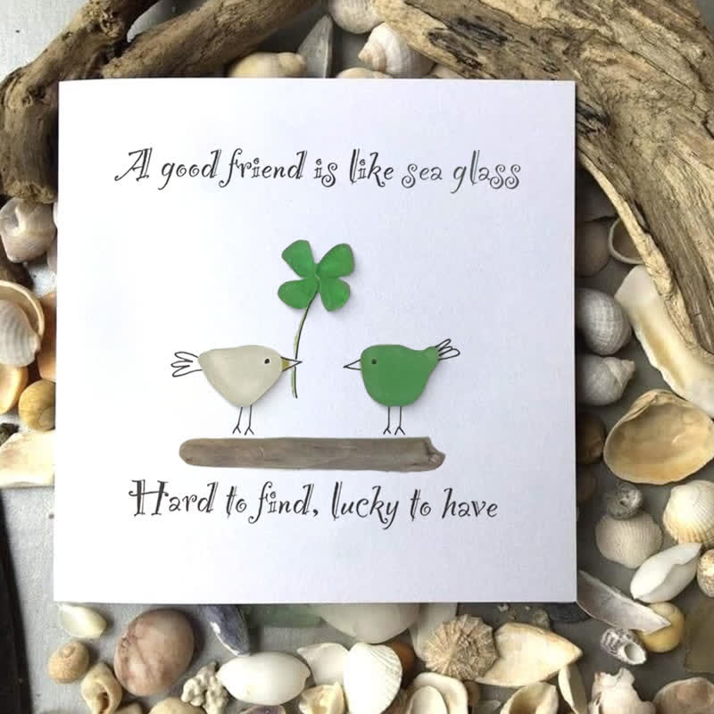 Four-leaf Clover Friendship Sea Glass Framed Art - Seaglass Card - 8" X 8" - image 1
