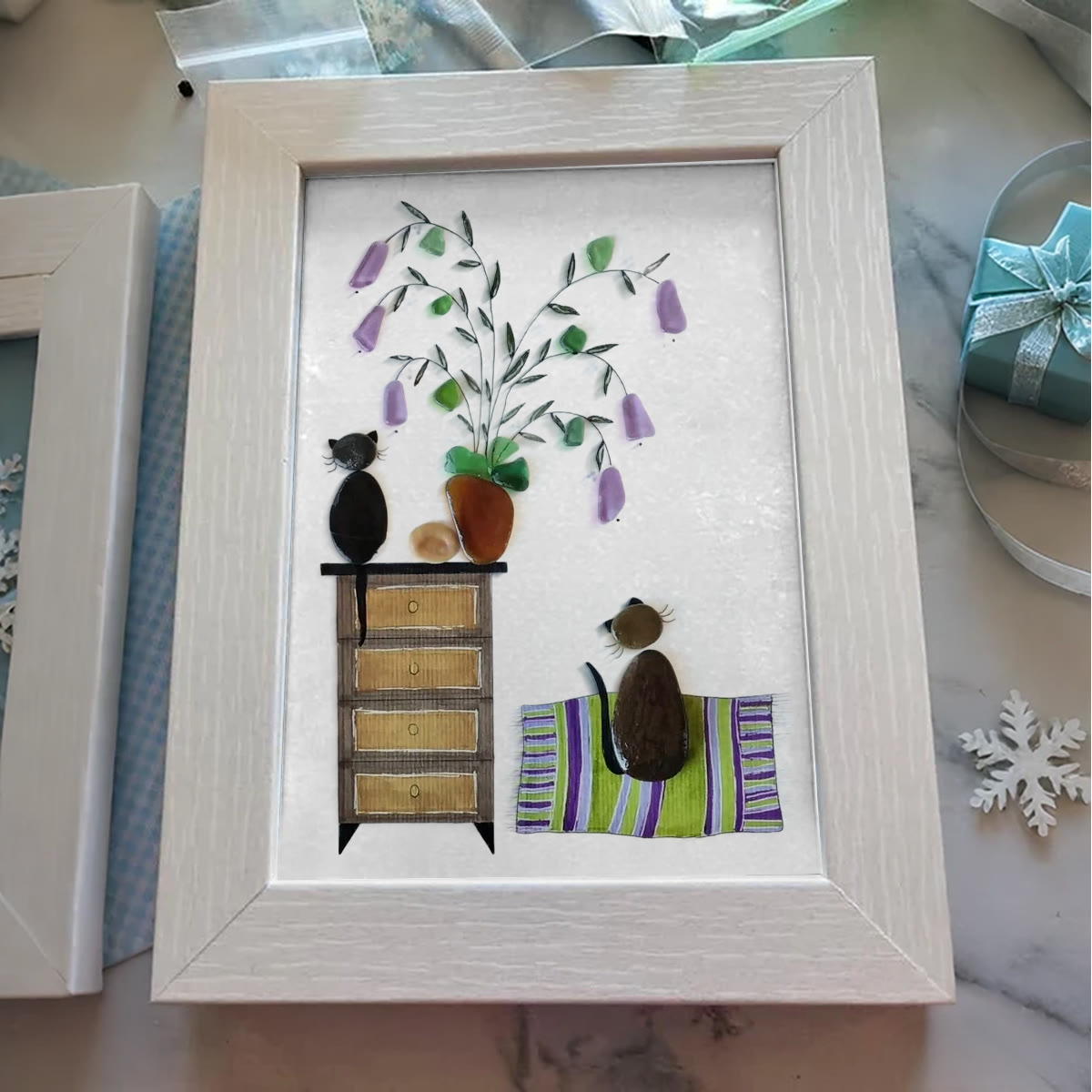 Pebble Cats And Violet Blooming Flower Sea Glass Framed Art - image 0