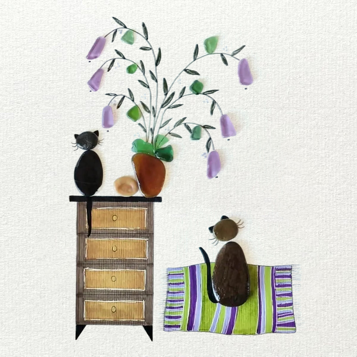 Pebble Cats And Violet Blooming Flower Sea Glass Framed Art - Seaglass Card - 8" X 6" - image 1