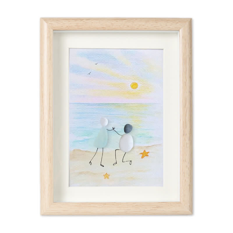 Proposal Engagement Couple Sea Glass Framed Art - Sunrise - Oak - 8" X 6" - image 5