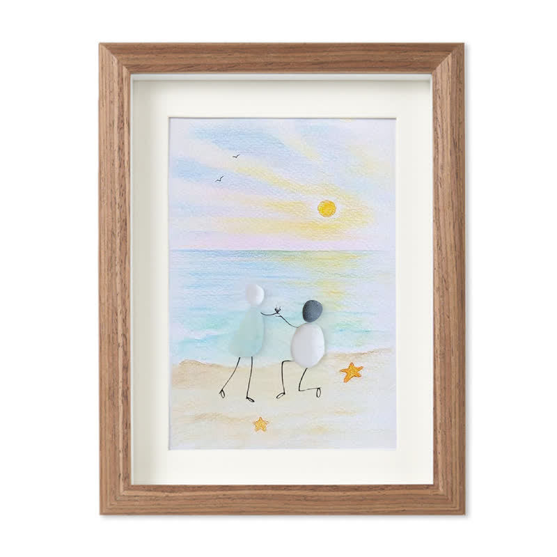 Proposal Engagement Couple Sea Glass Framed Art - Sunrise - Walnut Brown - 8" X 6" - image 6