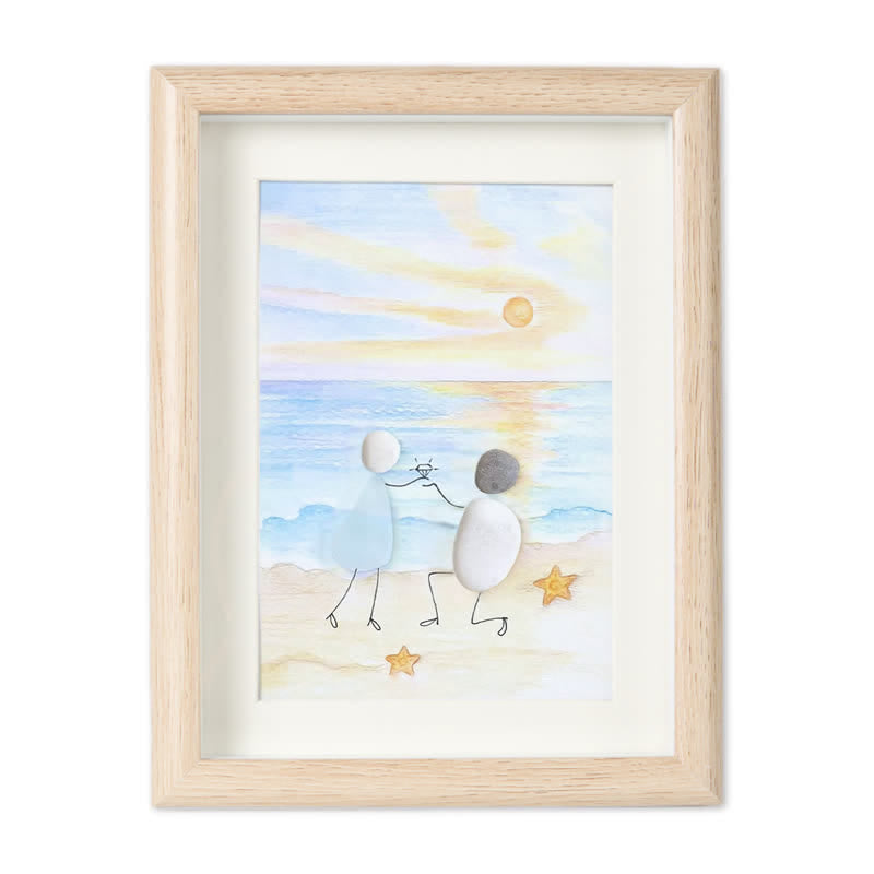 Proposal Engagement Couple Sea Glass Framed Art - Sunset - Oak - 8" X 6" - image 14