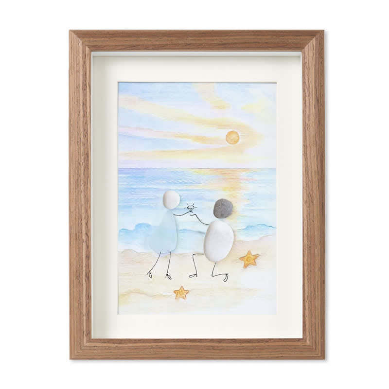 Proposal Engagement Couple Sea Glass Framed Art - Sunset - Walnut Brown - 8" X 6" - image 15