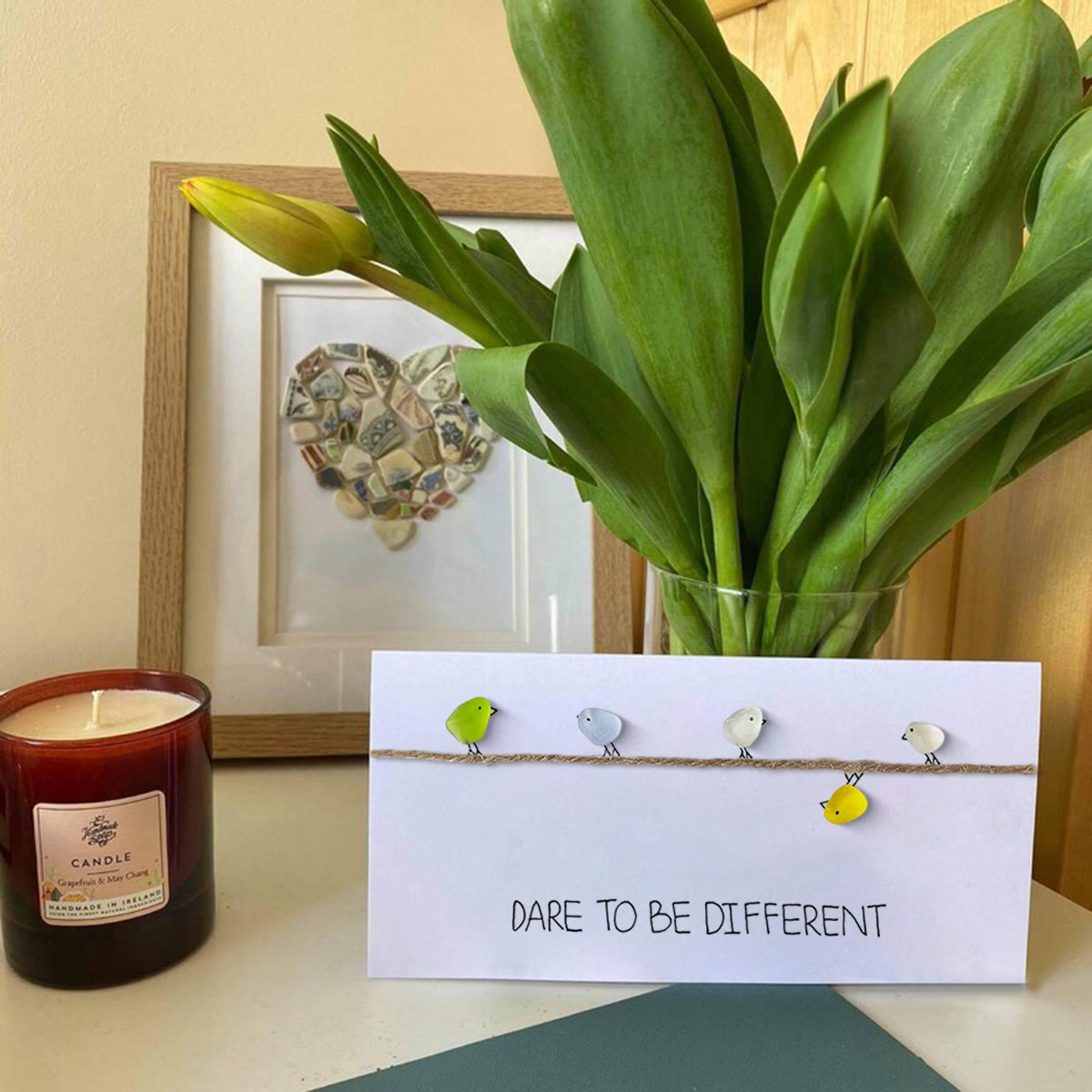 Dare to Be Different Cute Birds Sea Glass Framed Art - Seaglass Card - 6" X 8" - image 1