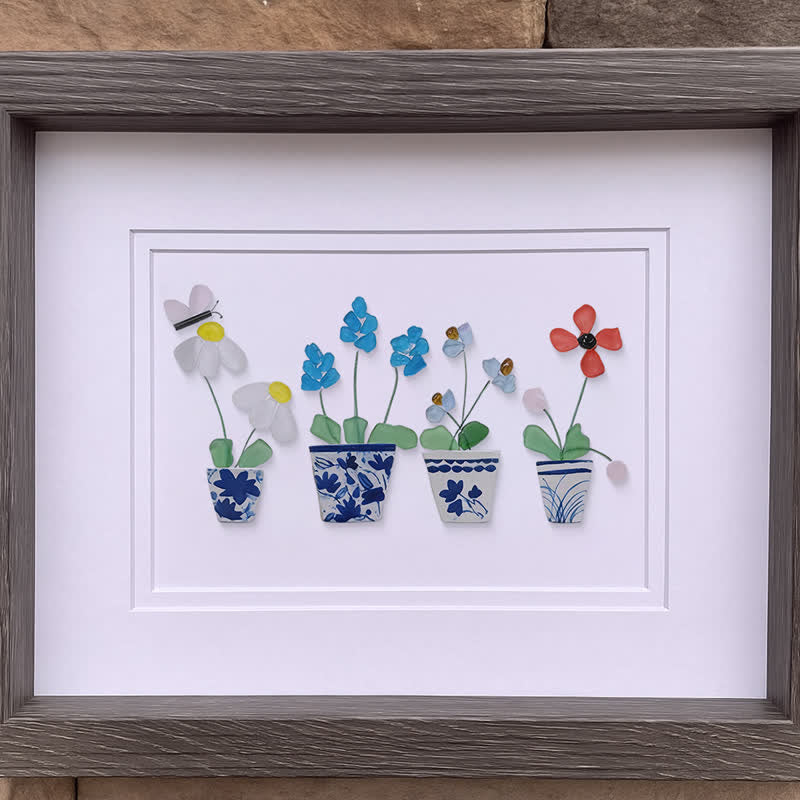 Handmade Flowers Butterfly Sea Glass Framed Art - image 0