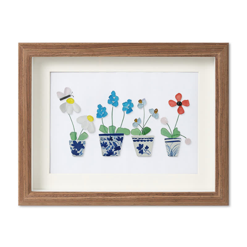 Handmade Flowers Butterfly Sea Glass Framed Art - Walnut Brown - 6" X 8" - image 8