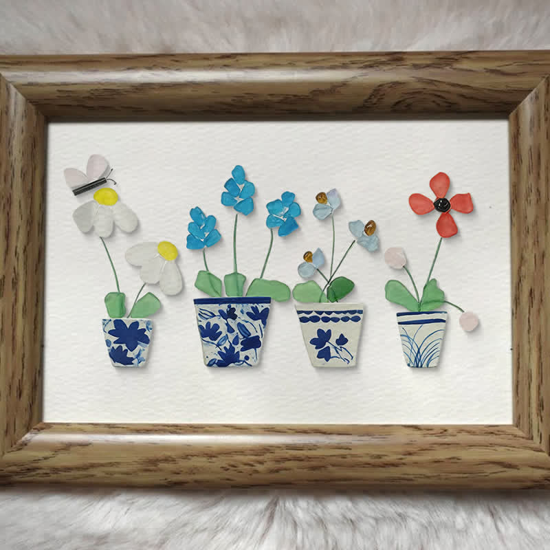 Handmade Flowers Butterfly Sea Glass Framed Art - image 4