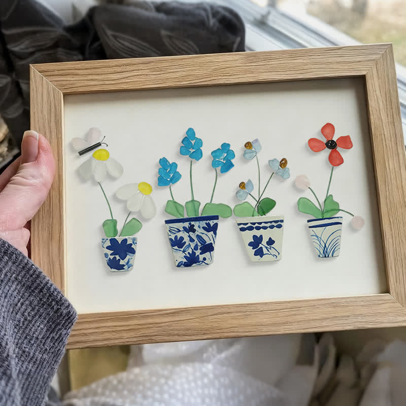 Handmade Flowers Butterfly Sea Glass Framed Art - image 3