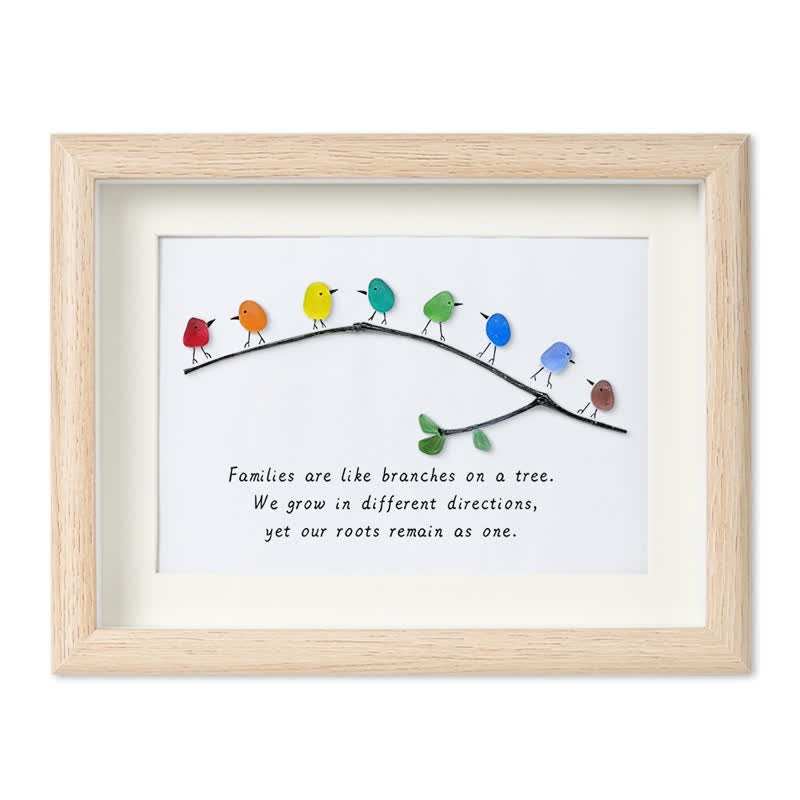 Family Birds On Branch Sea Glass Framed Art - Oak - 6" X 8" - image 7