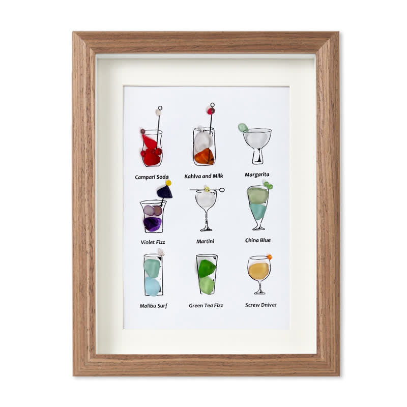 Multicolored Cocktails Theme Sea Glass Framed Art - Walnut Brown - 8" X 6" - image 9