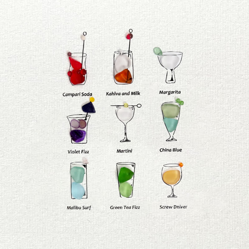 Multicolored Cocktails Theme Sea Glass Framed Art - Seaglass Card - 8" X 6" - image 1