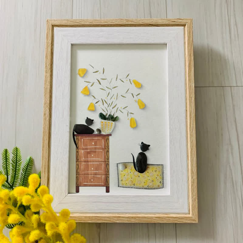 Pebble Cats And Blooming Plants Sea Glass Framed Art - image 4