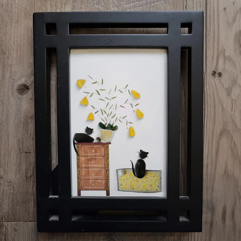 Pebble Cats And Blooming Plants Sea Glass Framed Art - image 6