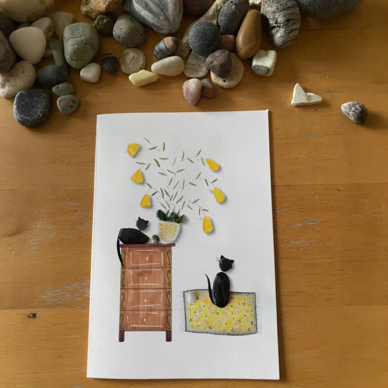 Pebble Cats And Blooming Plants Sea Glass Framed Art - Seaglass Card - 8" X 6" - image 1