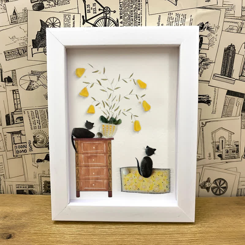 Pebble Cats And Blooming Plants Sea Glass Framed Art - image 0