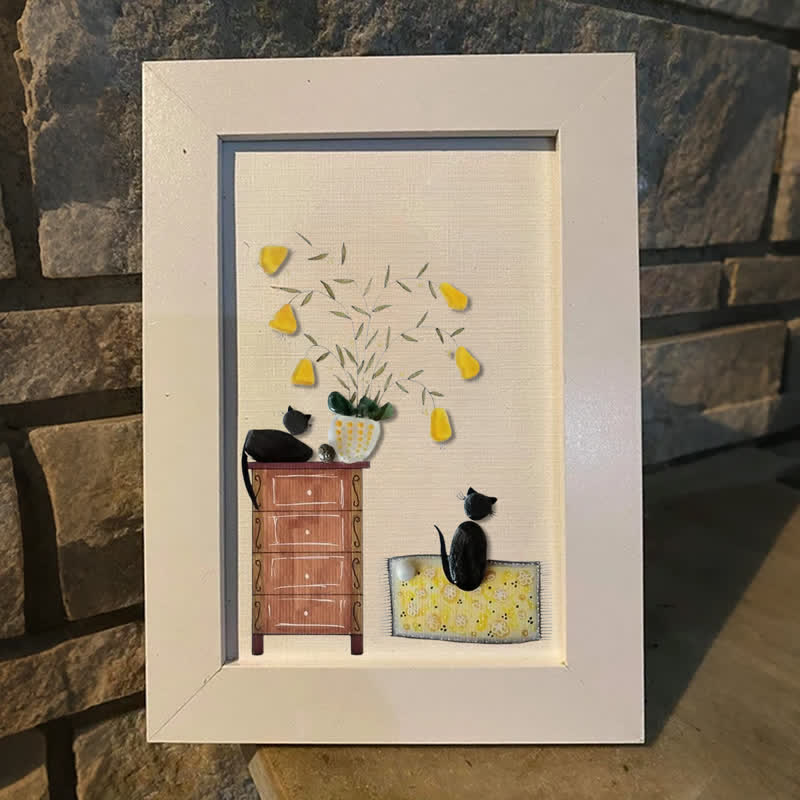 Pebble Cats And Blooming Plants Sea Glass Framed Art - image 5